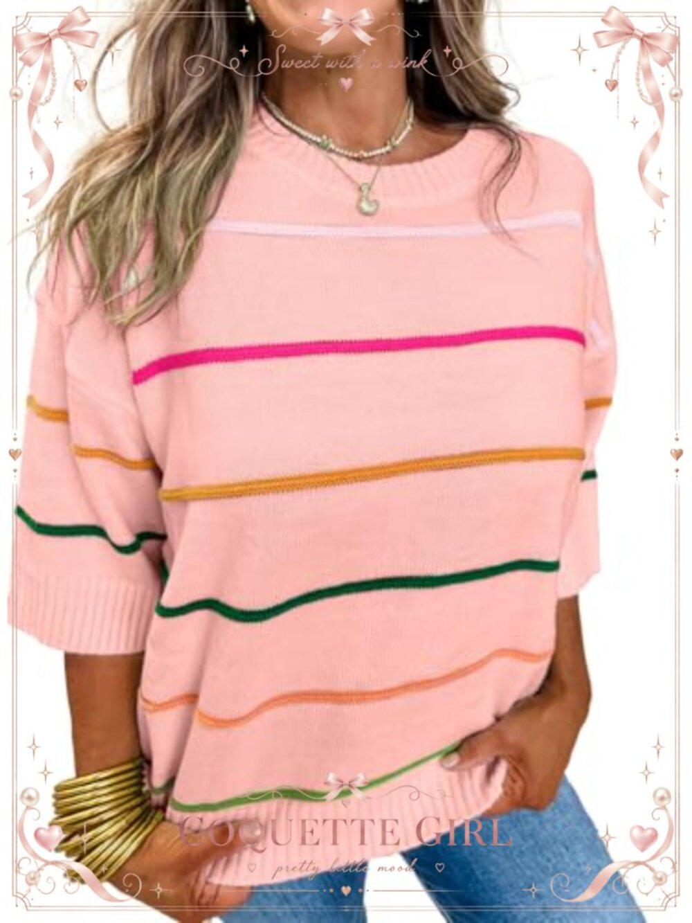 Womens Crew Neck Short Sleeve Color Block Striped Knit Sweater Pullover